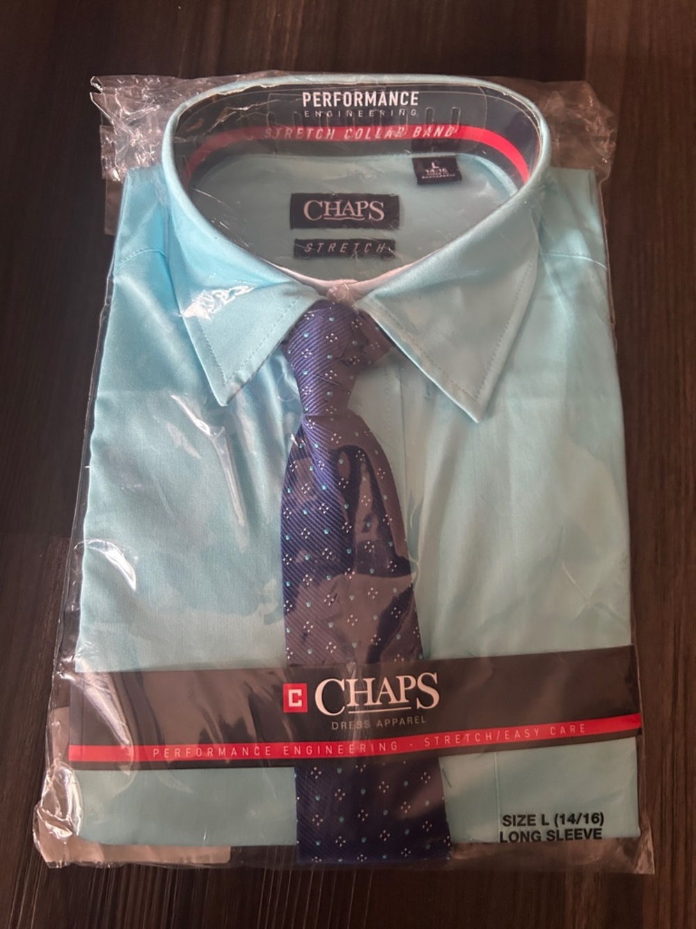 Chaps Men’s Light Blue Stretch Dress Shirt with Navy Tie